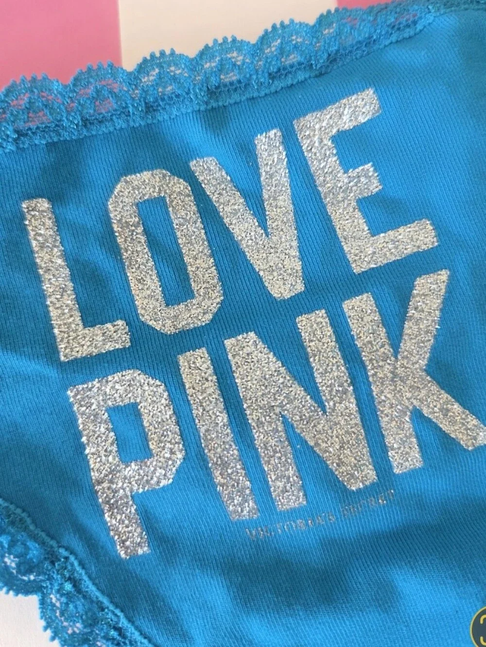 Victoria's Secret PINK VTG Blue LOVE PINK Glitter Thong Panty NWT HTF RARE Y2K